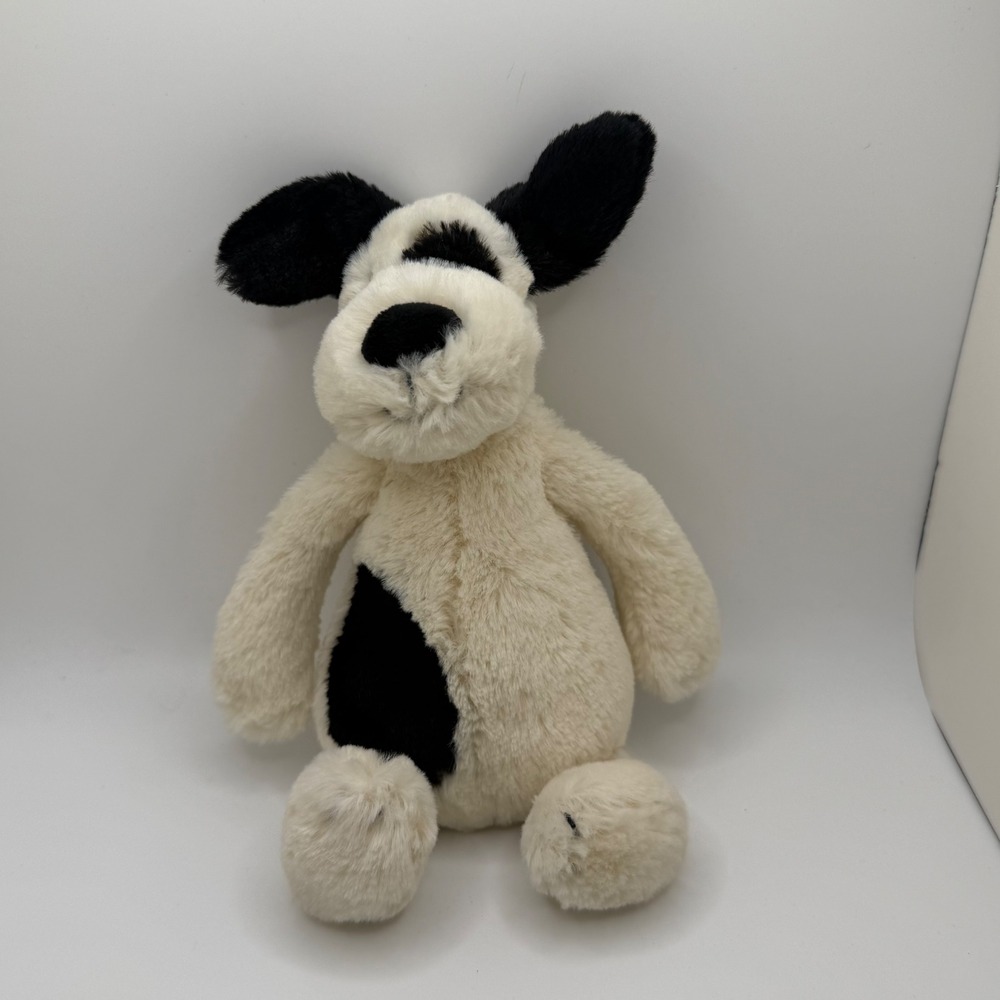 Jellycat London Bashful Puppy Dog Plush Cream Black Spotted Stuffed Animal 8"